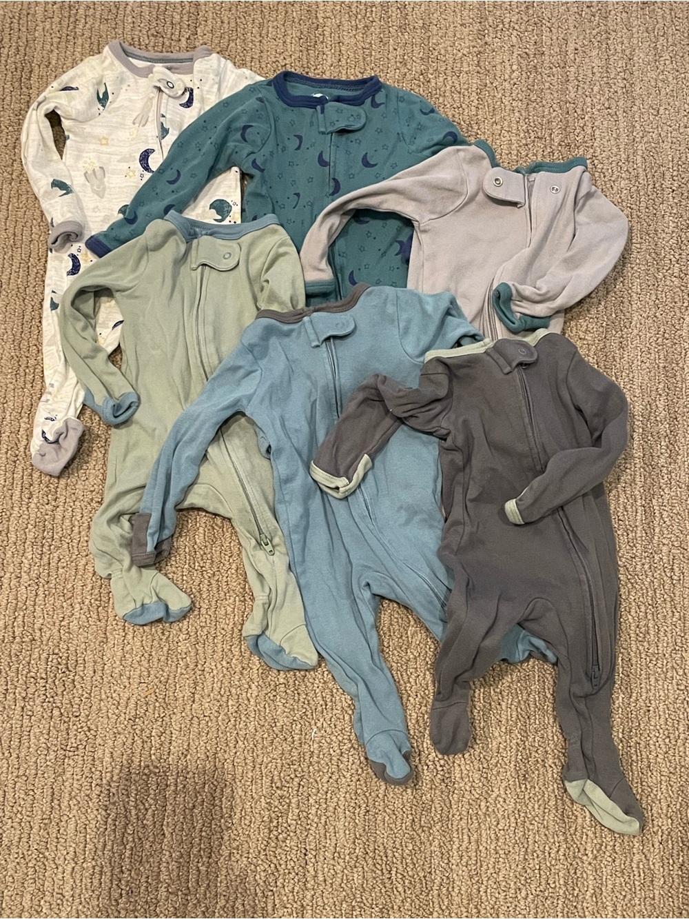 cloud island set of 6 newborn Footed Pajamas- 4 color blocked, 2 celestial print